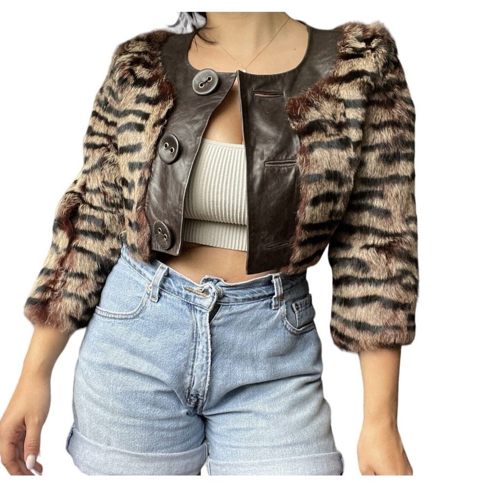 BEBE Vintage Y2K Crop Jacket Angora Fur Animal Print Brown Regular Size Small